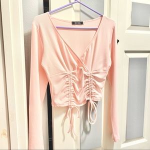 XL PINK NEW Yovela Women's V-Neck Long Sleeve Drawstrings Ribbed Knit Cami Top